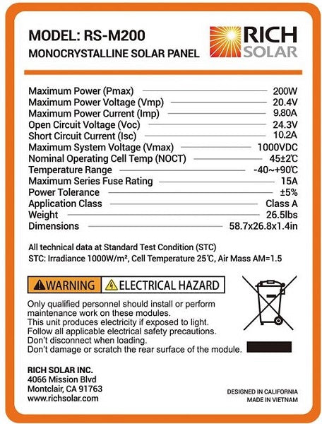 Rich Solar 12V - 200W Solar Panel - 36 Cell