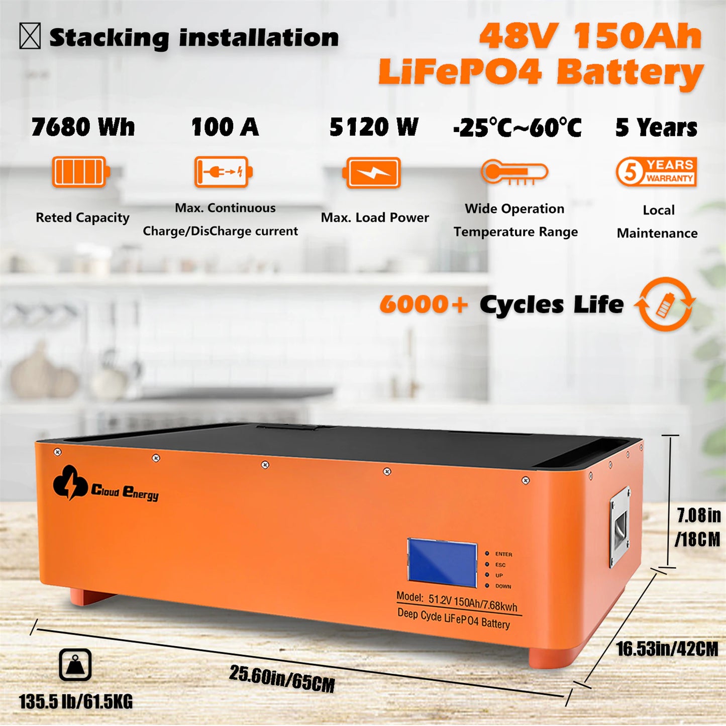 48V 150Ah Stackable LFP 7.68kWh LiFePO4 Battery Bank 52.4V