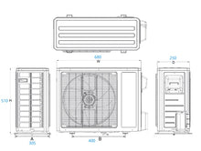 Load image into Gallery viewer, 24V - 48V DC Mini Split Heat Pump HVAC; 7000 BTU/h cooling, 8000 BTU/h heating, 340 Watts power draw