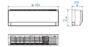 24V - 48V DC Mini Split Heat Pump HVAC; 7000 BTU/h cooling, 8000 BTU/h heating, 340 Watts power draw